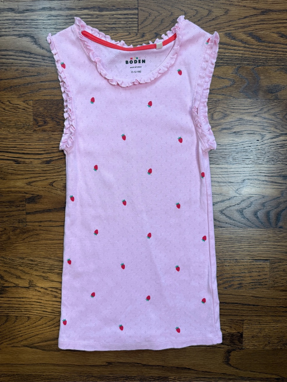 Mini Boden Girls Pink Strawberry Print Ruffled Sleeveless Pointelle Top 11-12